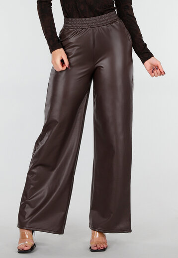 Bruine Lederlook Straight Leg Stretch Broek