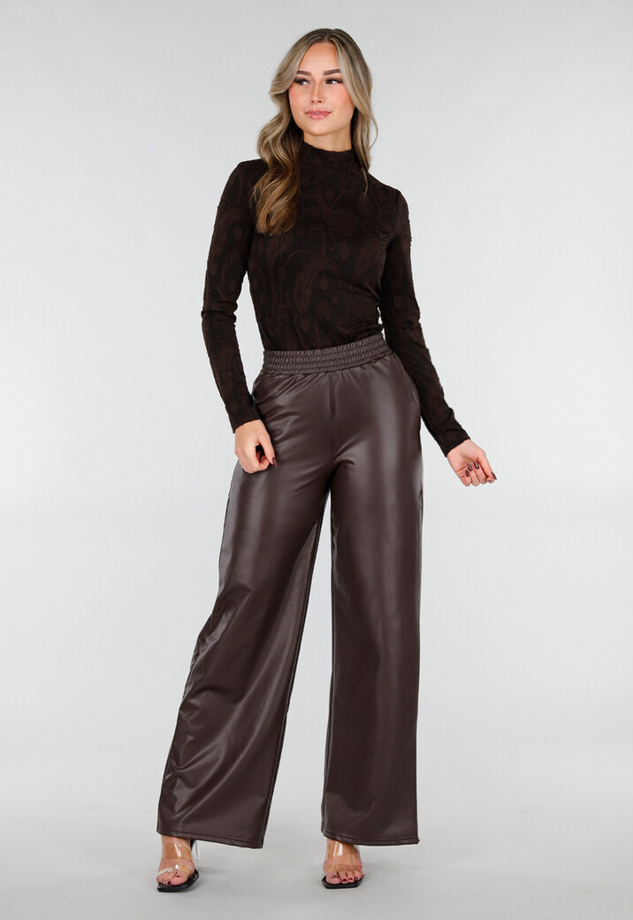 Bruine Lederlook Broek met Wijde Pijpen