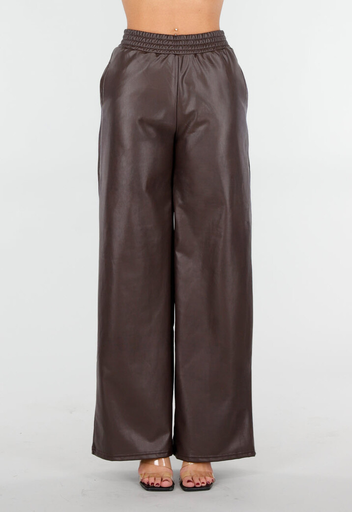 Bruine Lederlook Broek met Wijde Pijpen