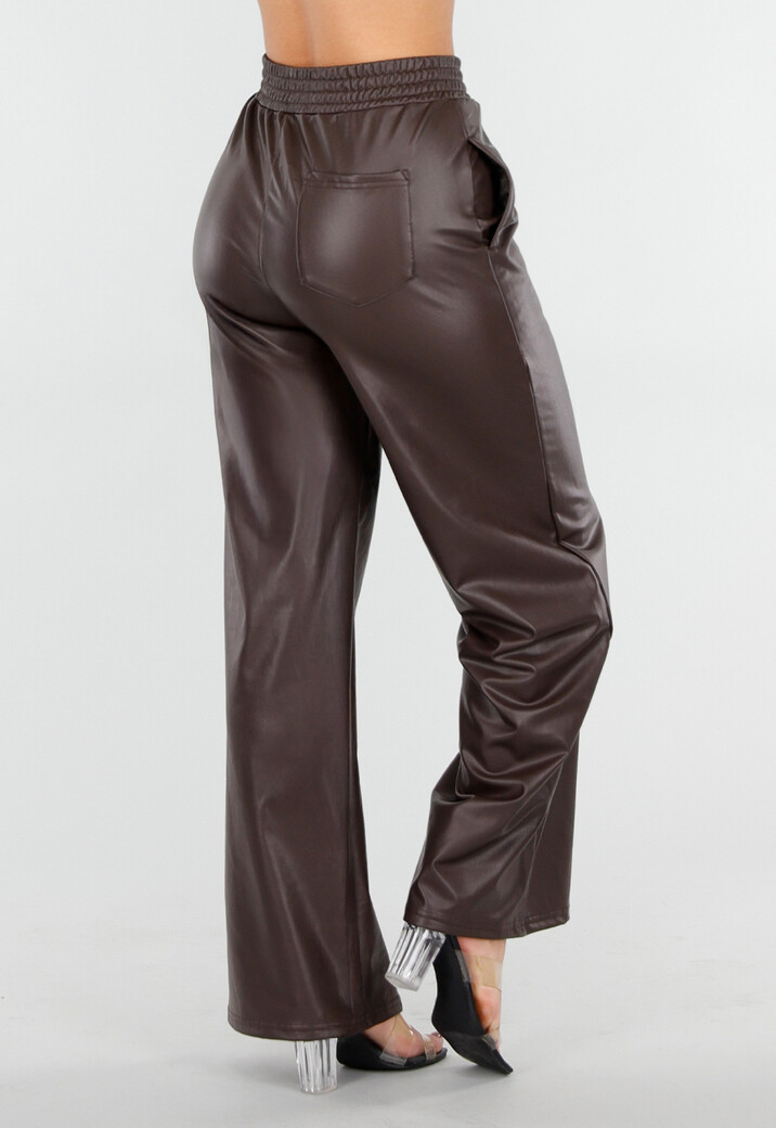 Bruine Lederlook Broek met Wijde Pijpen