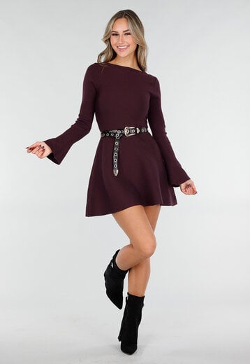 Bordeaux Gebreide Jurk met Lange Mouwen