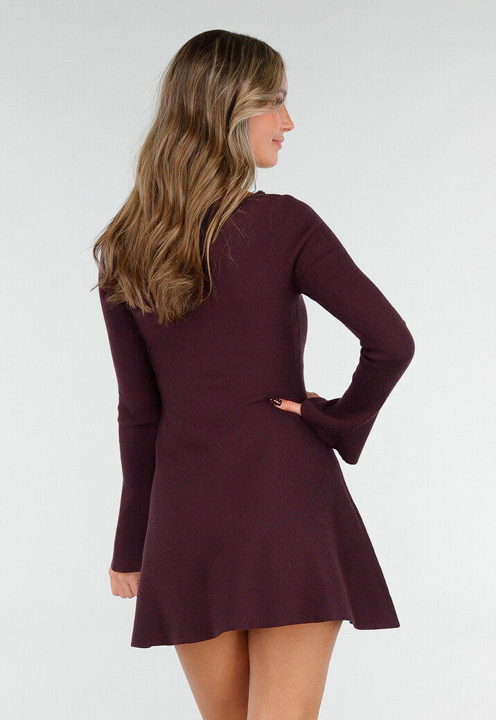 Bordeaux Gebreide Jurk met Lange Mouwen