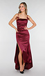Satijnen Maxi Jurk Burgundy met Spaghetti Bandjes met Strikjes