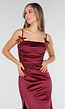 Satijnen Maxi Jurk Burgundy met Spaghetti Bandjes met Strikjes