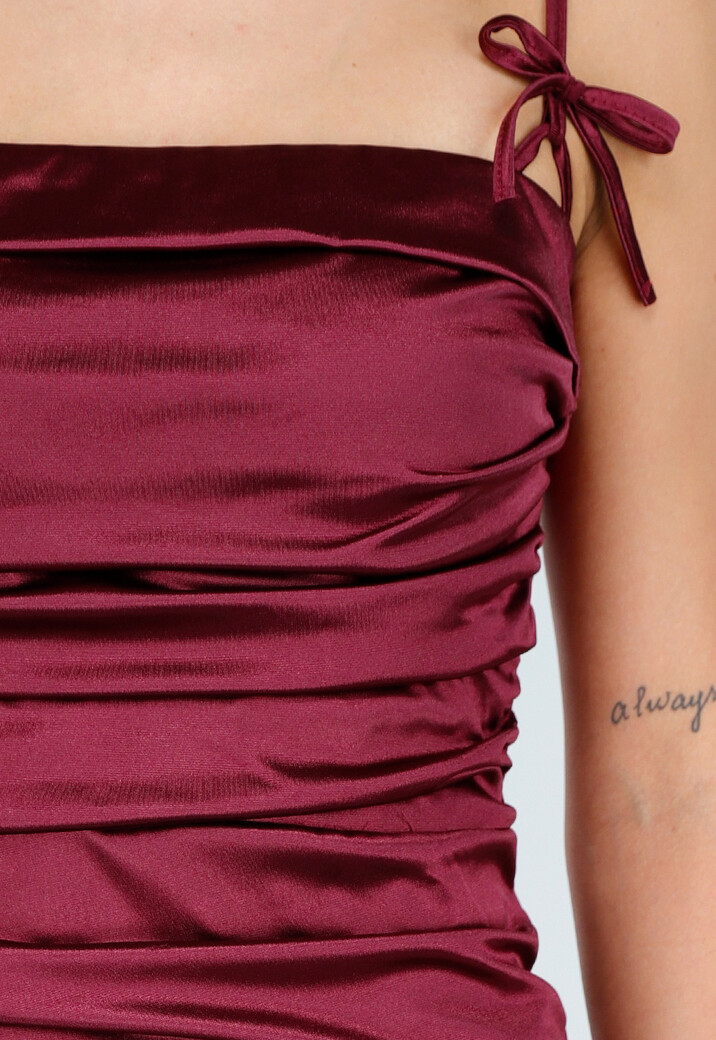 Satijnen Maxi Jurk Burgundy met Spaghetti Bandjes met Strikjes