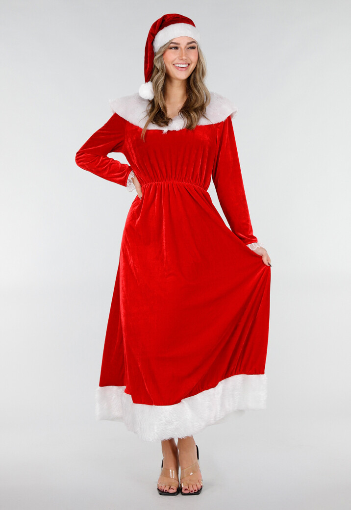 Rode Kerst Maxi Jurk met Riem en Kerstmuts