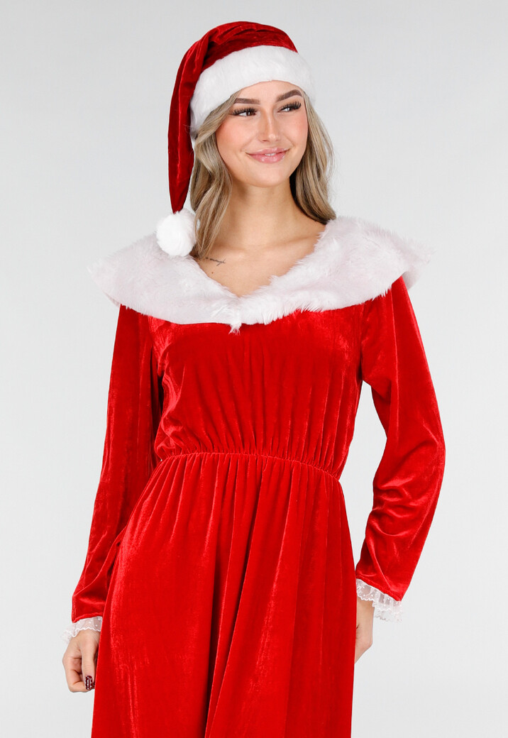 Rode Kerst Maxi Jurk met Riem en Kerstmuts