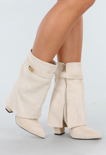 Beige Suède Look Enkellaarzen met Omslag