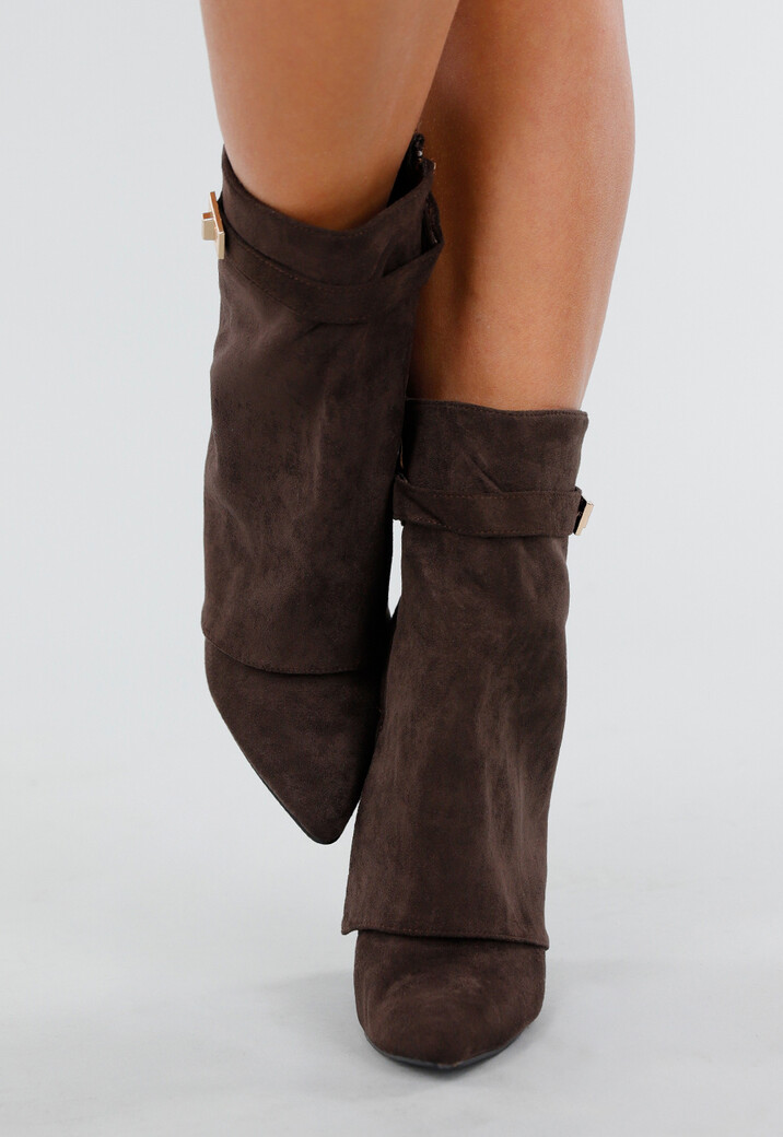 Bruine Suède Look Enkellaarzen met Omslag en Gesp