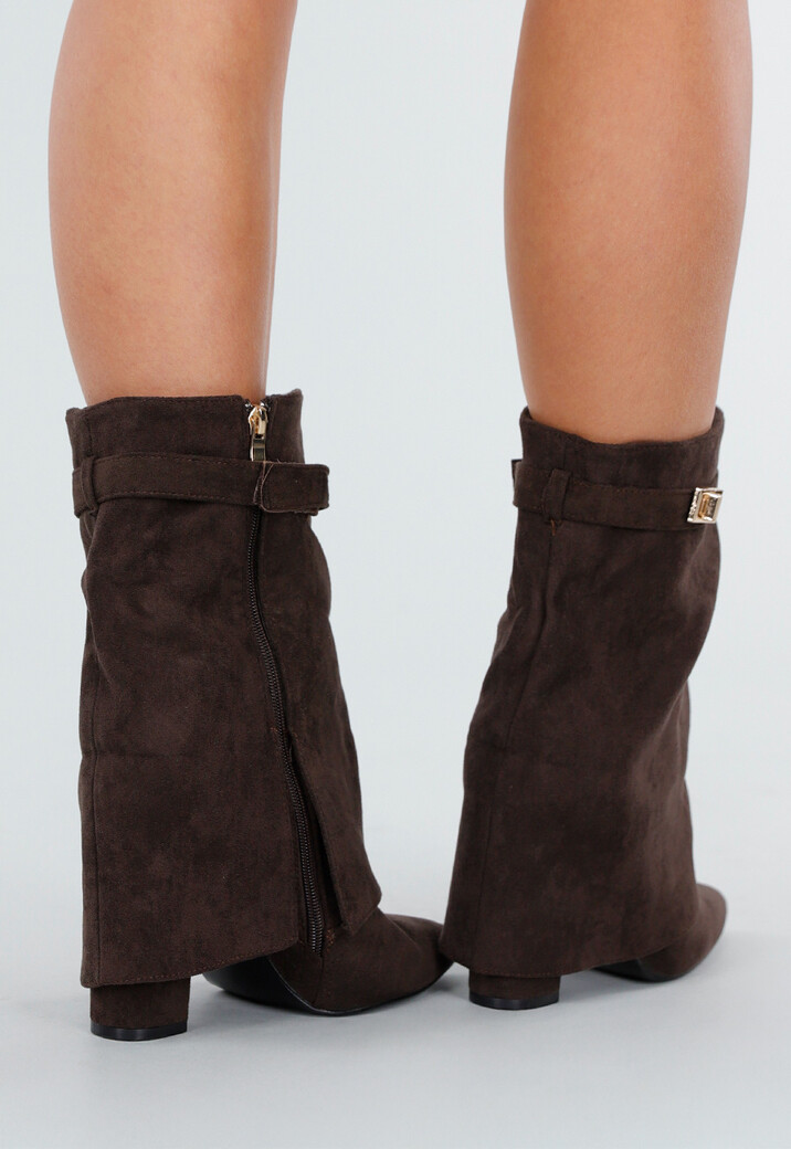 Bruine Suède Look Enkellaarzen met Omslag en Gesp