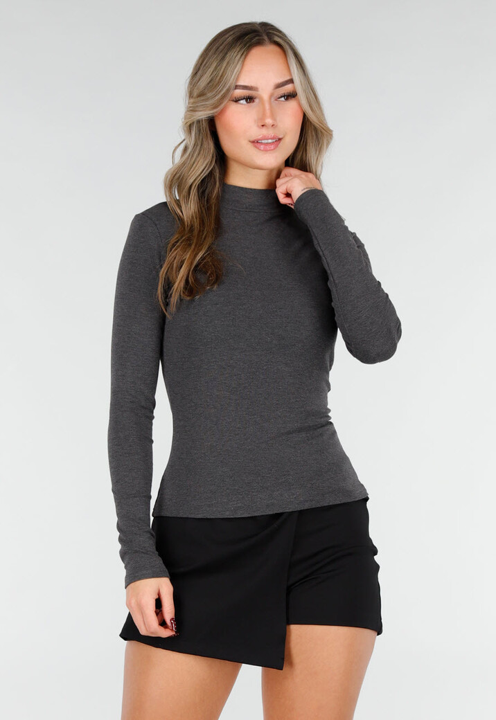 Donkergrijze Top met Lange Mouwen en Hoge Hals