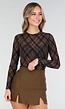 Bruine Mesh Body met Ruitprint en Lange Mouwen