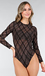 Bruine Mesh Body met Ruitprint en Lange Mouwen