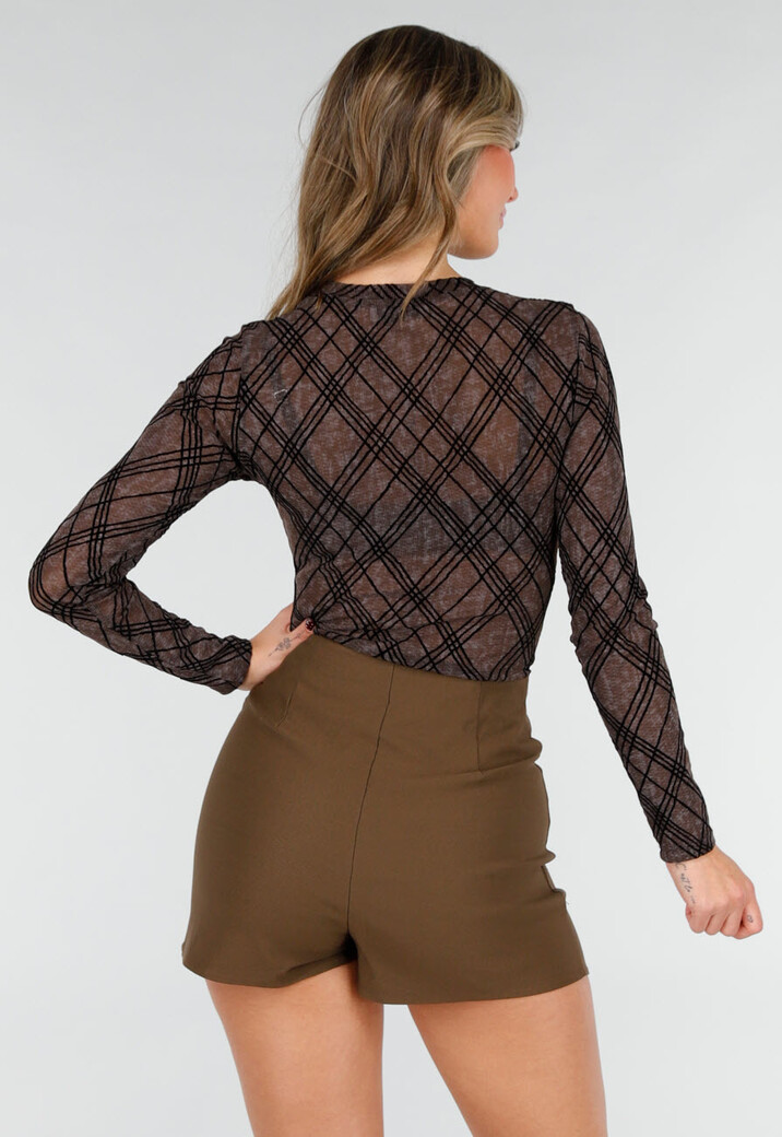 Bruine Mesh Body met Ruitprint en Lange Mouwen