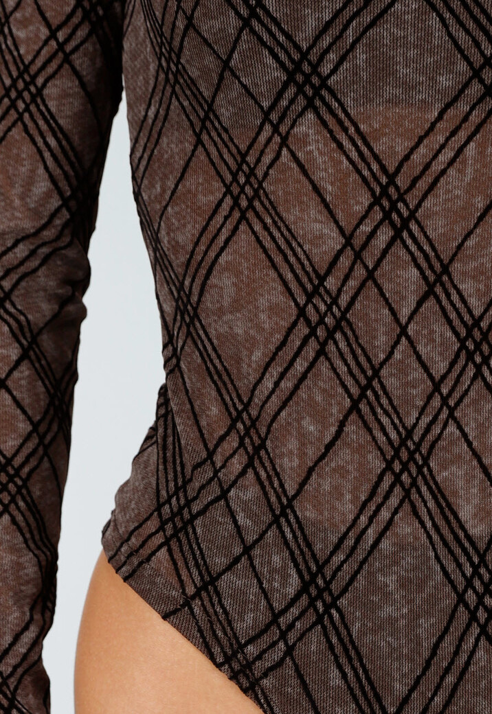Bruine Mesh Body met Ruitprint en Lange Mouwen