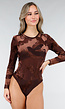 Bruine Mesh Bodysuit met Flocked Print