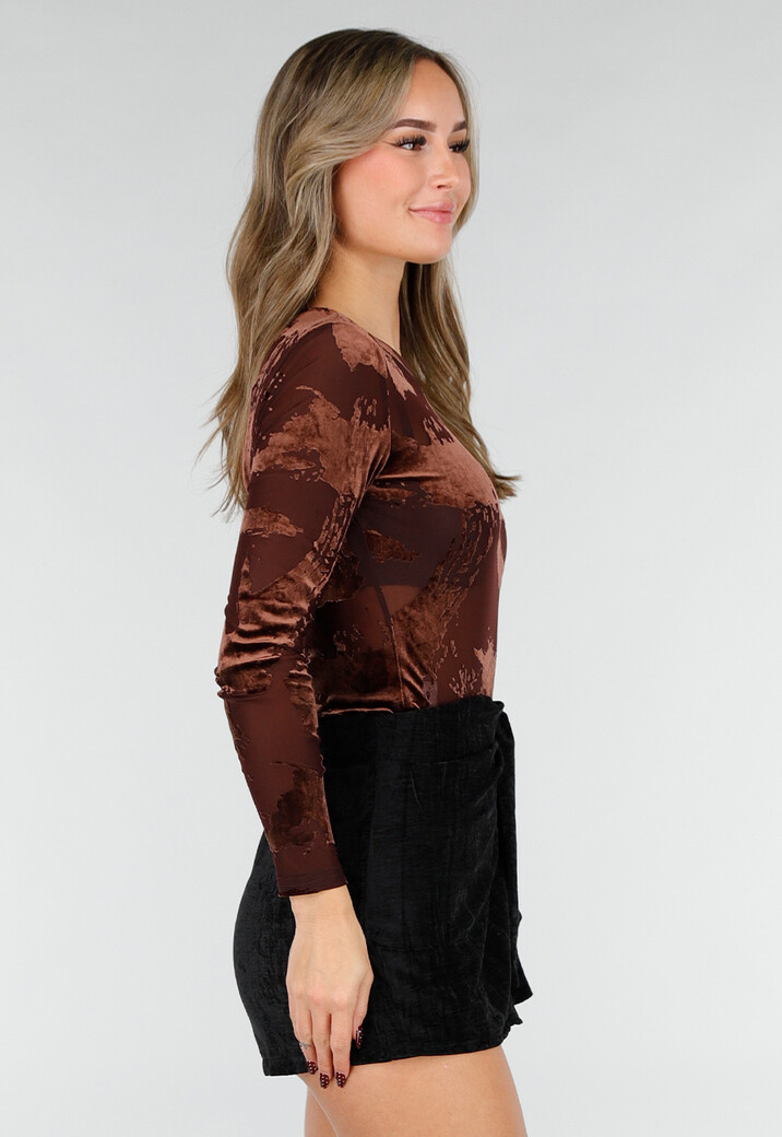 Bruine Mesh Bodysuit met Flocked Print