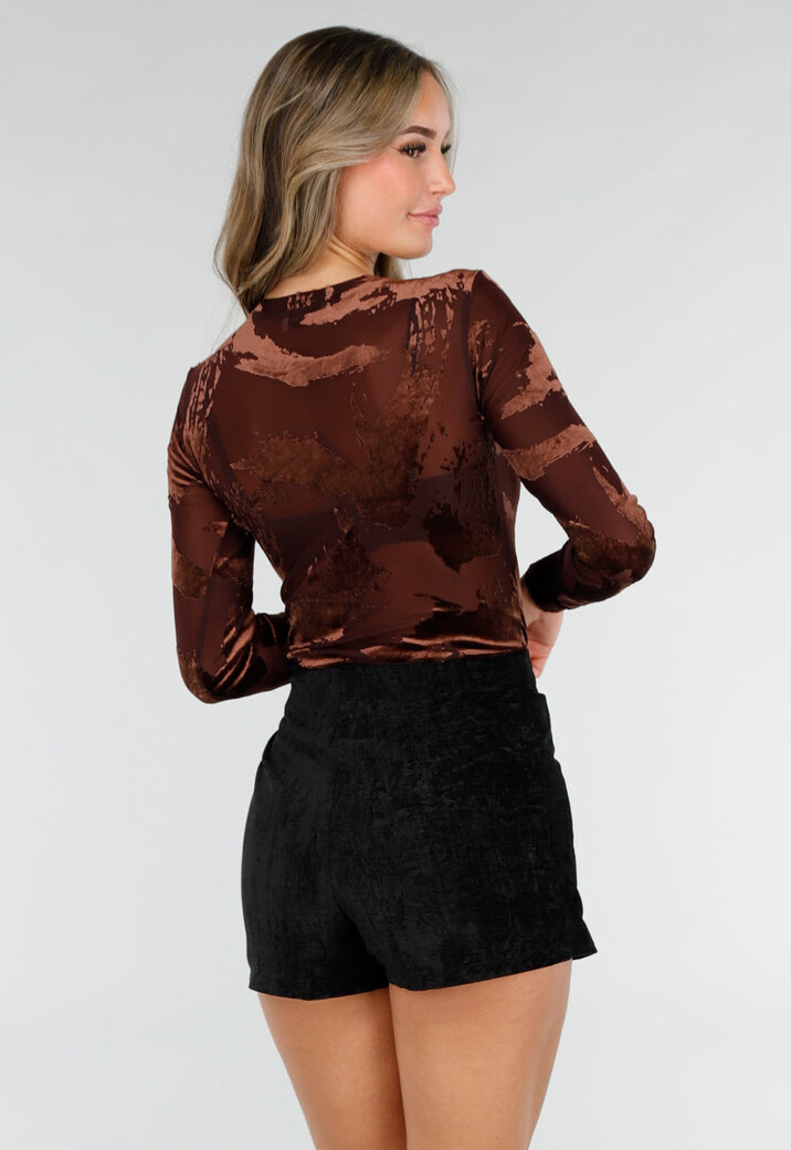 Bruine Mesh Bodysuit met Flocked Print