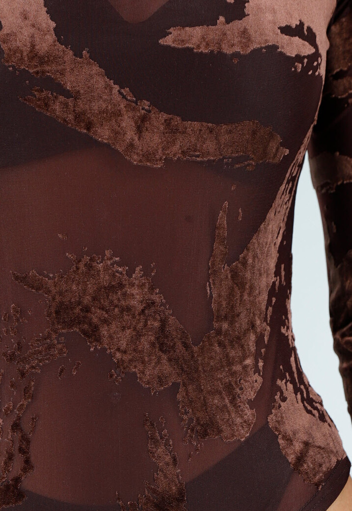 Bruine Mesh Bodysuit met Flocked Print