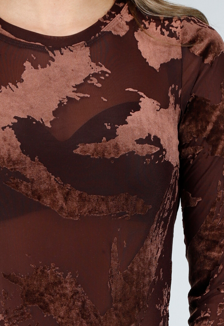Bruine Mesh Bodysuit met Flocked Print