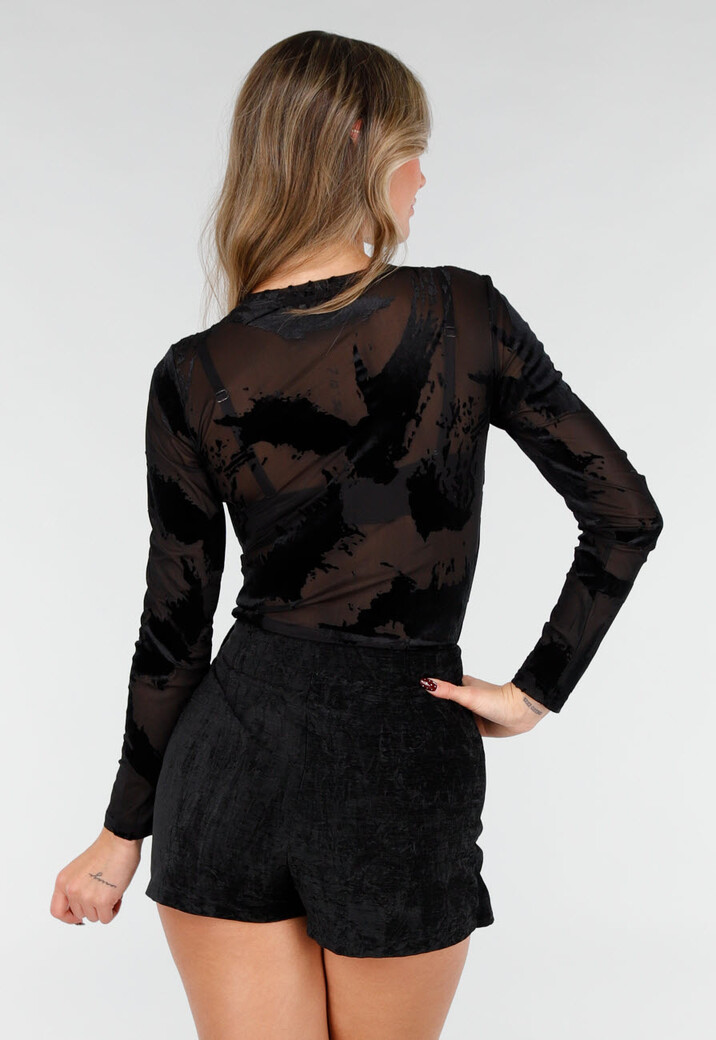 Zwarte Mesh Bodysuit met Flocked Print