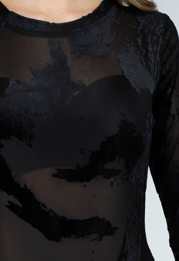 Zwarte Mesh Bodysuit met Flocked Print