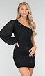 One Shoulder Glitter Bodycon Jurk met Geplooid Mesh