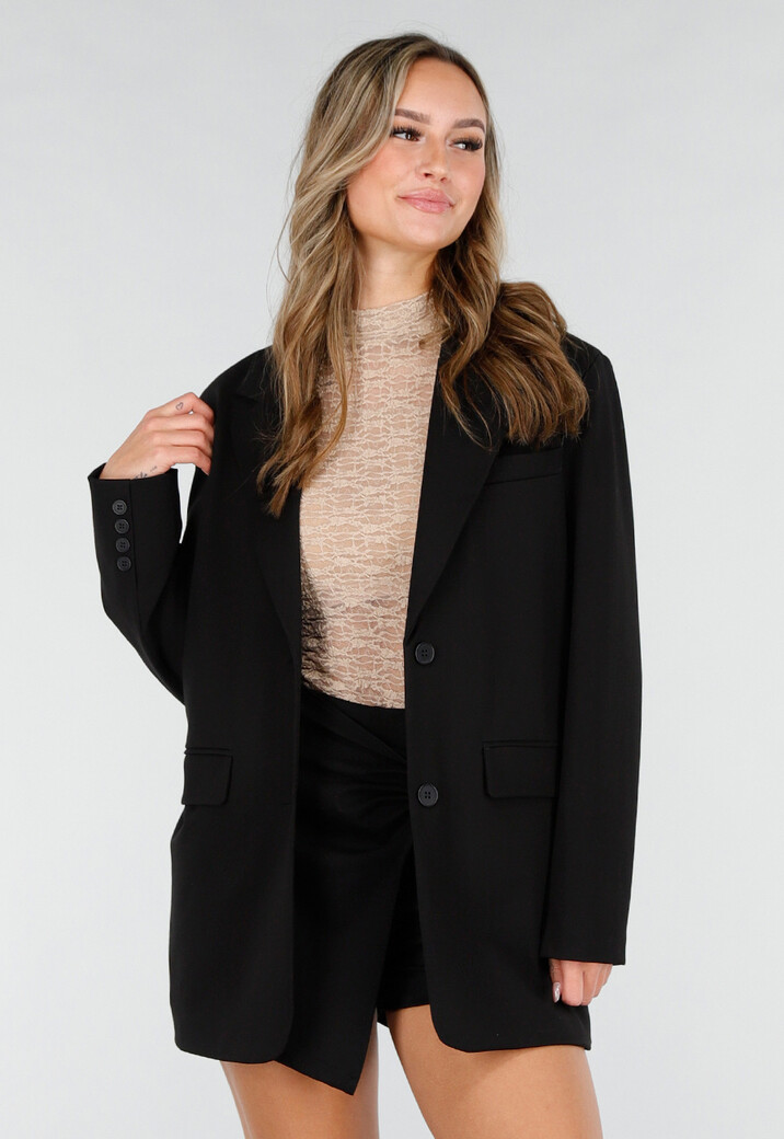 Zwarte Oversized Stretch Blazer met Schoudervullingen
