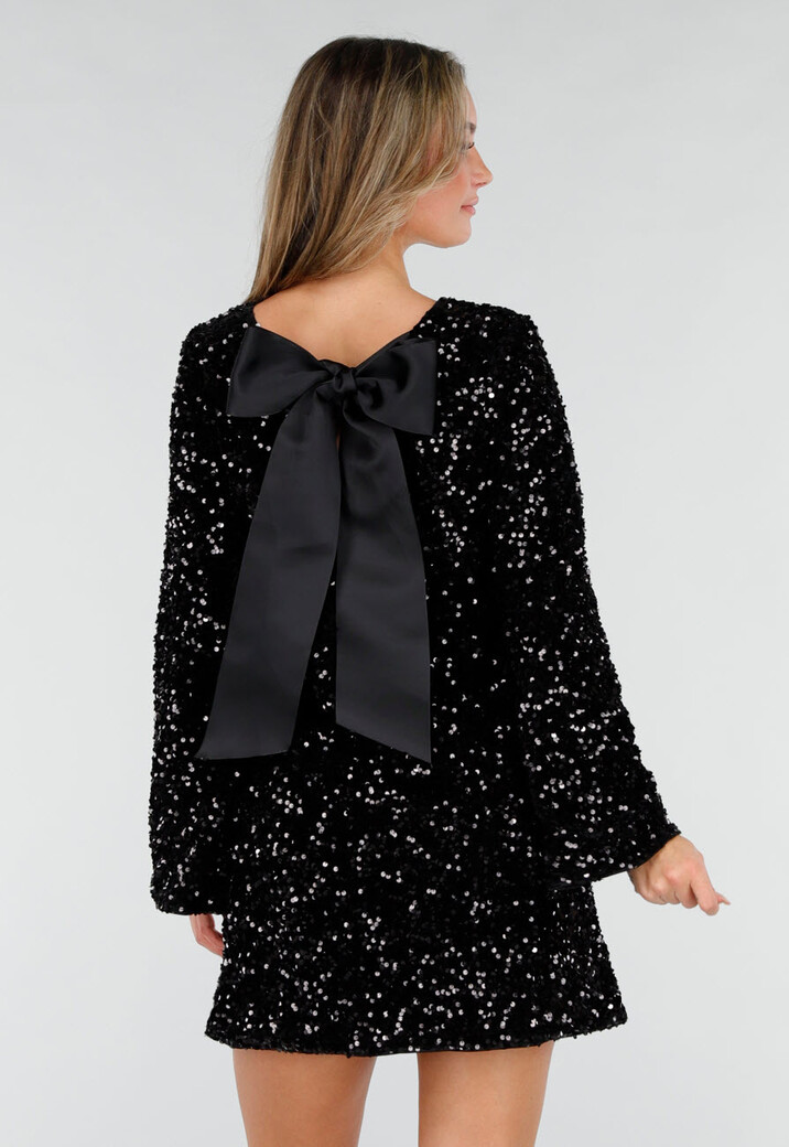 Zwarte Pailletten Jurk met Strik Achter