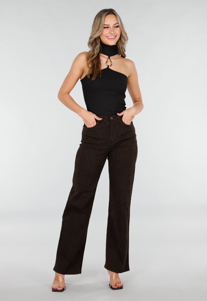Bruine Leopard Jeans met Rechte Pijpen en Stretch