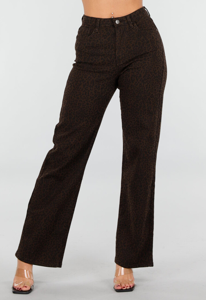 Bruine Leopard Jeans met Rechte Pijpen en Stretch
