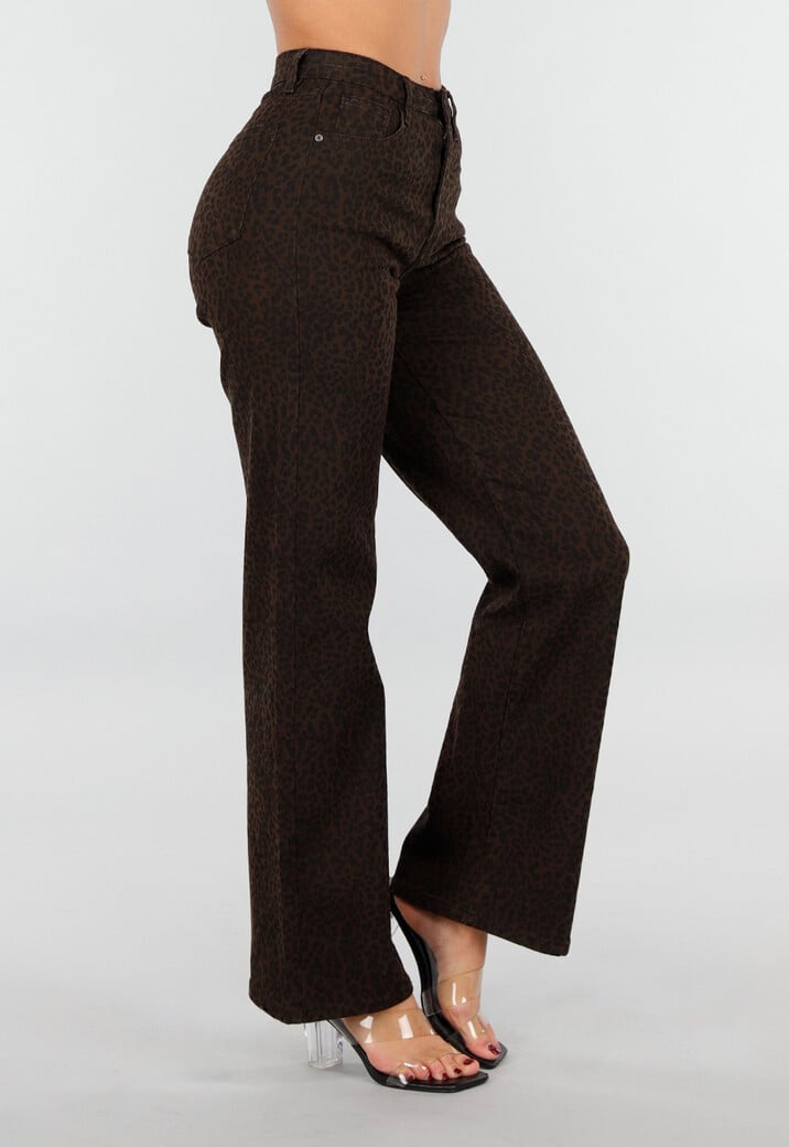 Bruine Leopard Jeans met Rechte Pijpen en Stretch