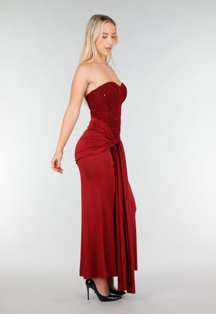 Strapless Korset Jurk in Bordeaux met Glitters