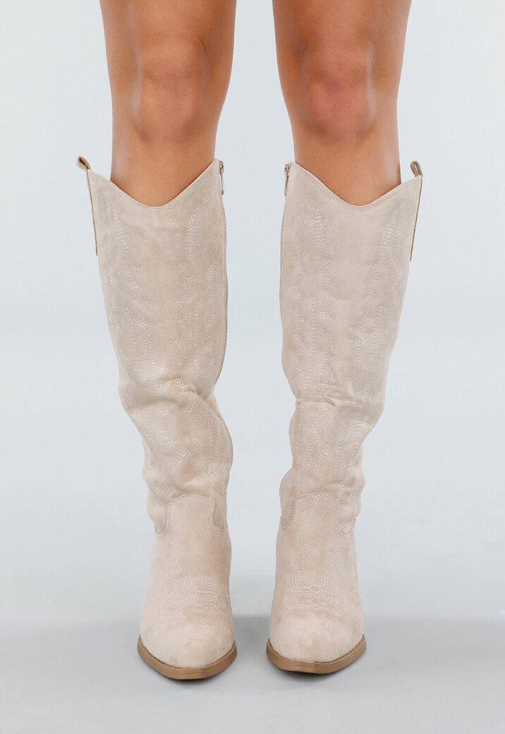 Beige Suède Look Cowboylaarzen met Hak