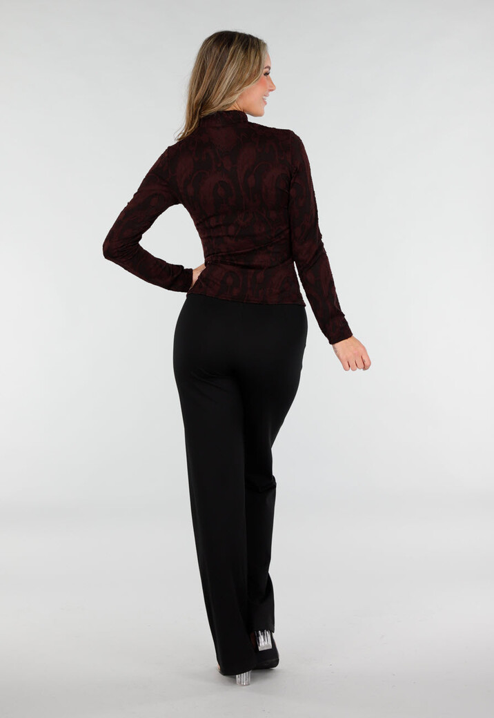 Bordeaux Stretch Top met Lange Mouwen en Col