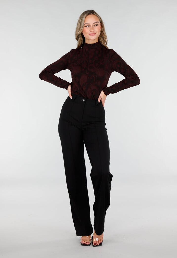 Bordeaux Stretch Top met Lange Mouwen en Col