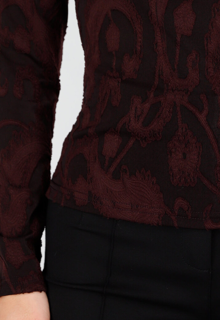 Bordeaux Stretch Top met Lange Mouwen en Col
