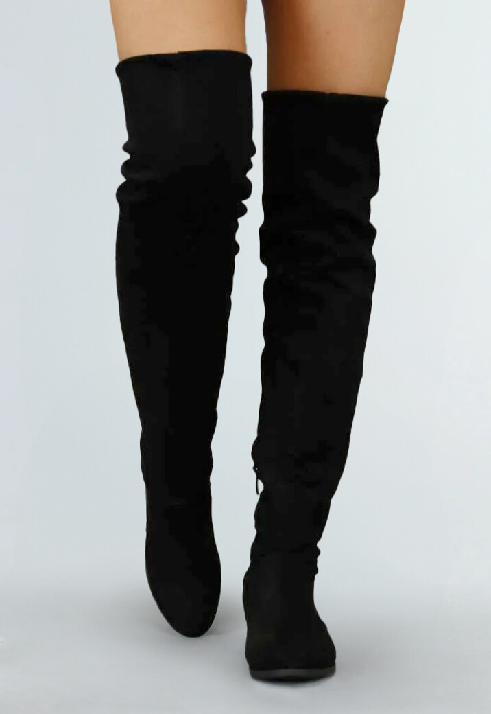 Basic Zwarte Suède-Look Overknee Laarzen met Kleine Hak