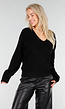 Zwarte Gebreide Trui met Diepe V-Hals en Losvallende Pasvorm