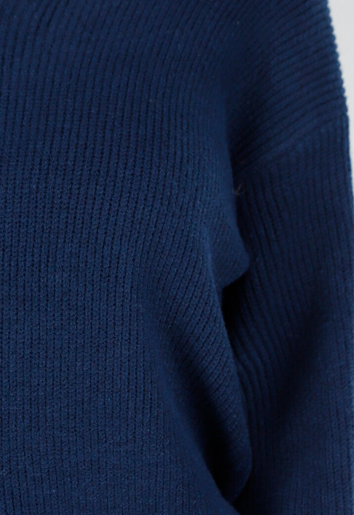 Donkerblauwe Gebreide Trui met Open Rug en Satijnen Strikdetail