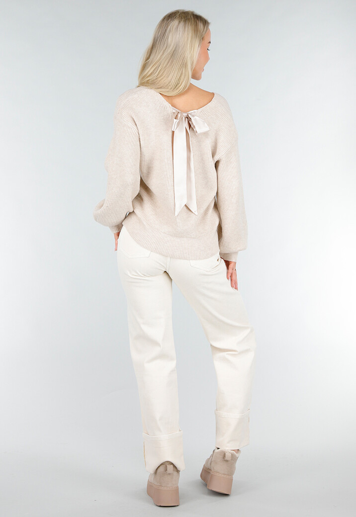 Beige Gebreide Trui met Open Rug en Satijnen Strikdetail