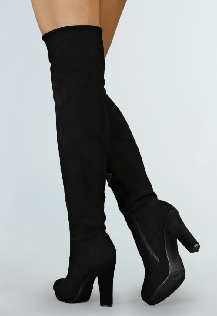 Suède-Look Overknee Laarzen met Hak Zwart
