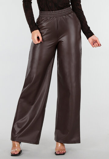 Bruine Lederlook Straight Leg Stretch Broek