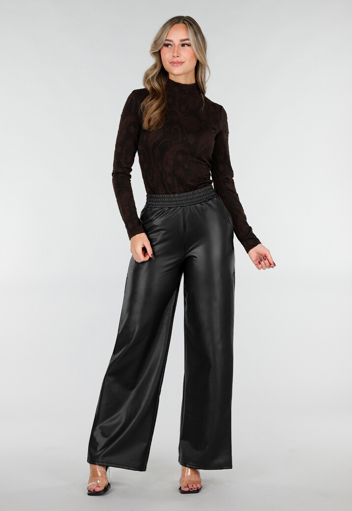 Zwarte Lederlook Broek met Elastische Taille
