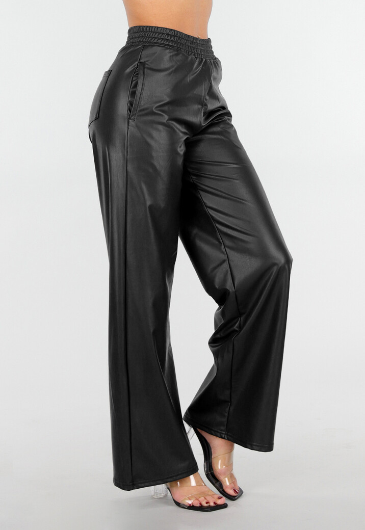 Zwarte Lederlook Broek met Elastische Taille