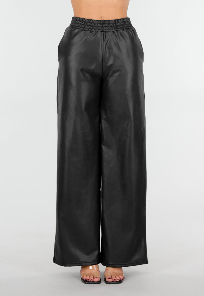 Zwarte Lederlook Broek met Elastische Taille