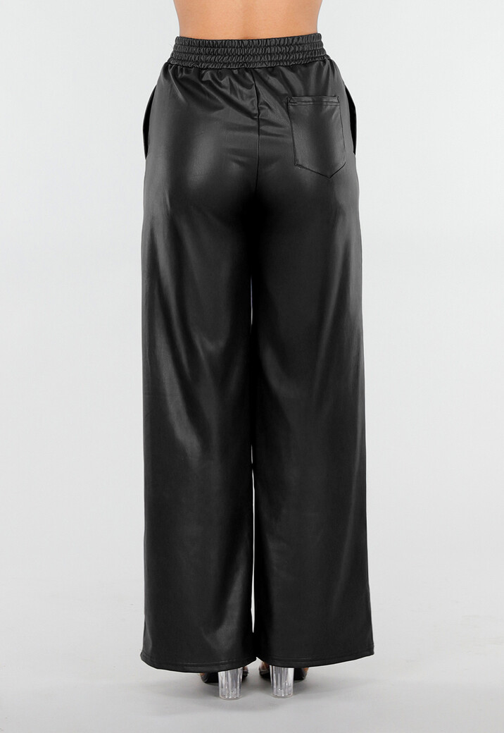 Zwarte Lederlook Broek met Elastische Taille