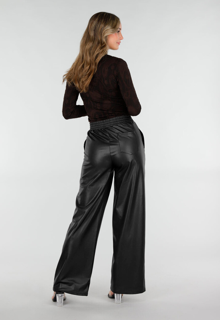 Zwarte Lederlook Broek met Elastische Taille