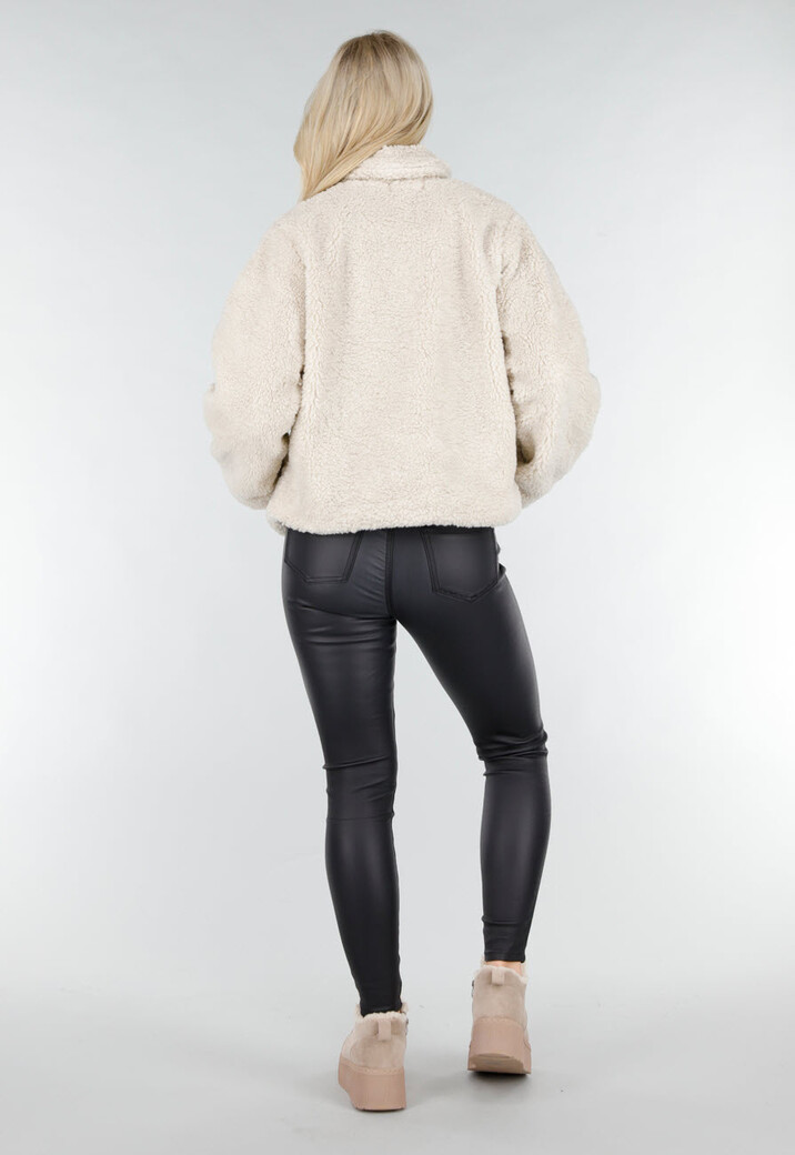 Beige Teddy Jas met Zachte Fleece Textuur en Opstaande Kraag