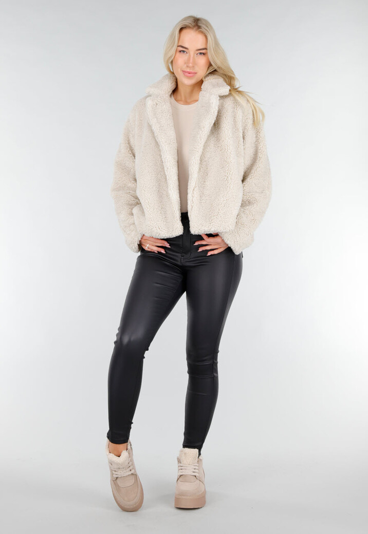 Beige Teddy Jas met Zachte Fleece Textuur en Opstaande Kraag